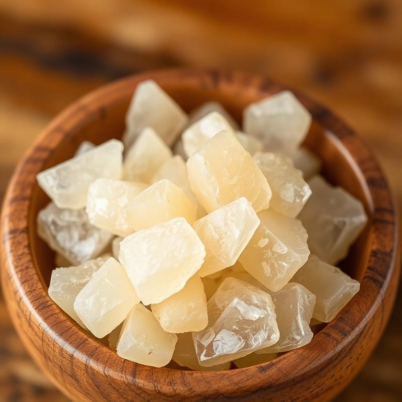 Close-up of translucent goond katira edible gum crystals in a wooden bowl
