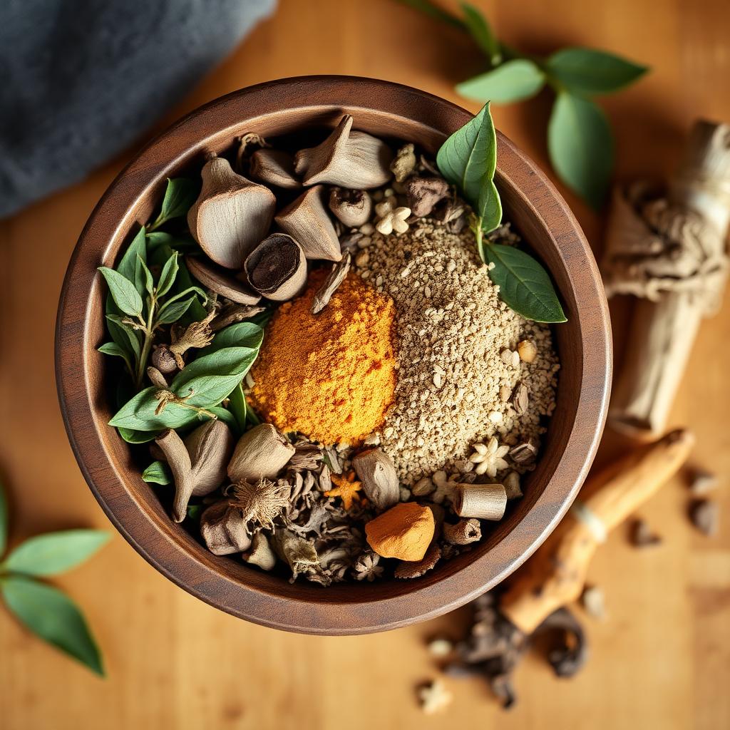 Wooden bowl with a mix of traditional Ayurvedic herbs — tulsi, sandalwood, neem and turmeric — used in the natural bath scrub