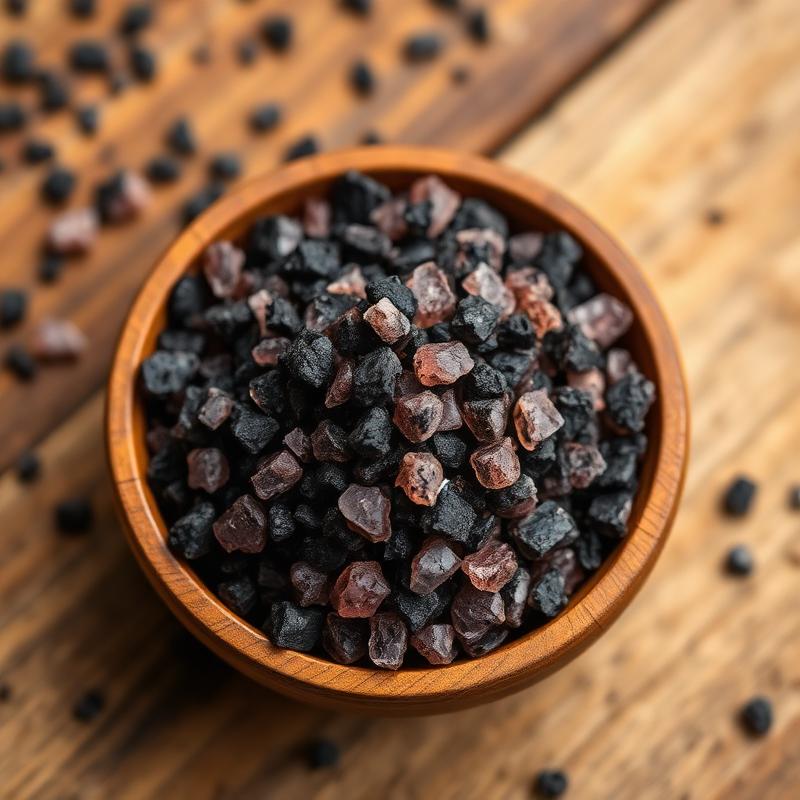 Close-up of coarse black salt (kala namak) crystals in a wooden bowl