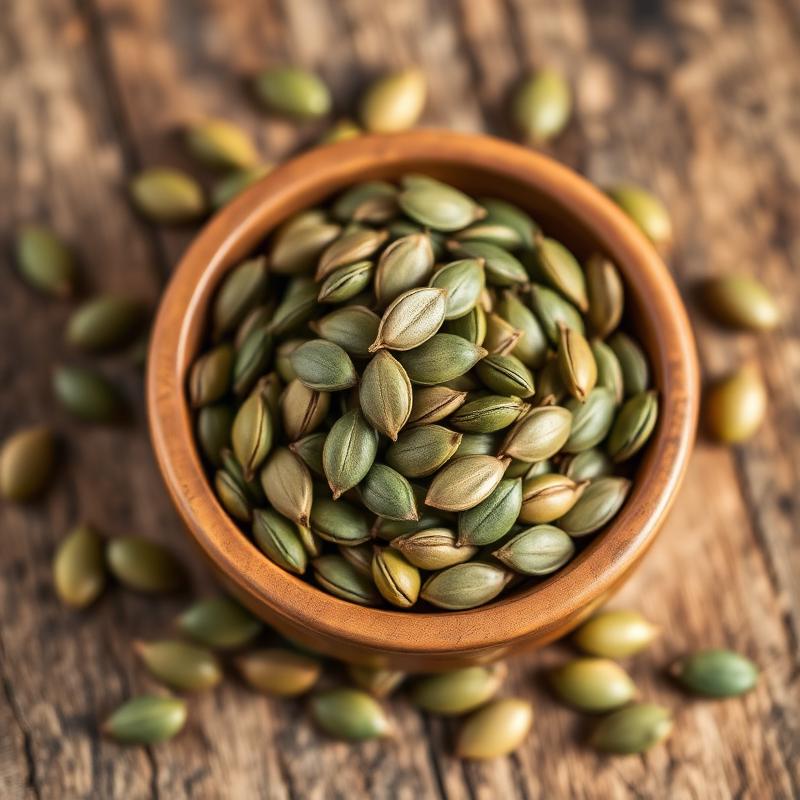 Close-up of green pumpkin seeds in a wooden bowl