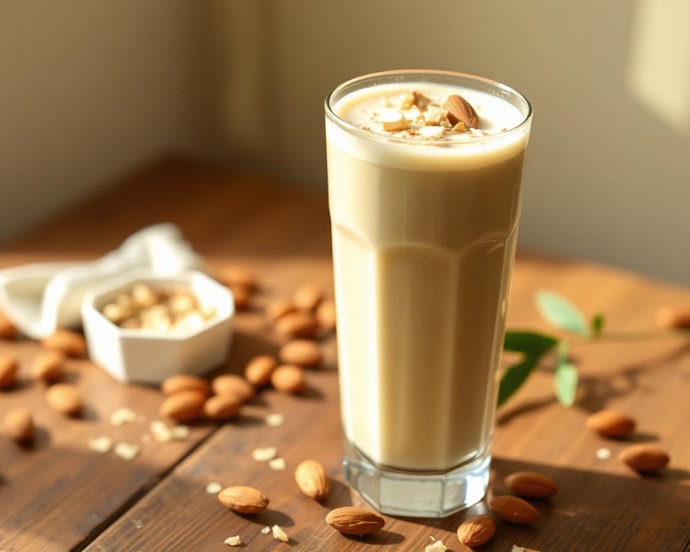 Tall glass of creamy beige almond milkshake topped with crushed almonds, whole almonds scattered on wooden table