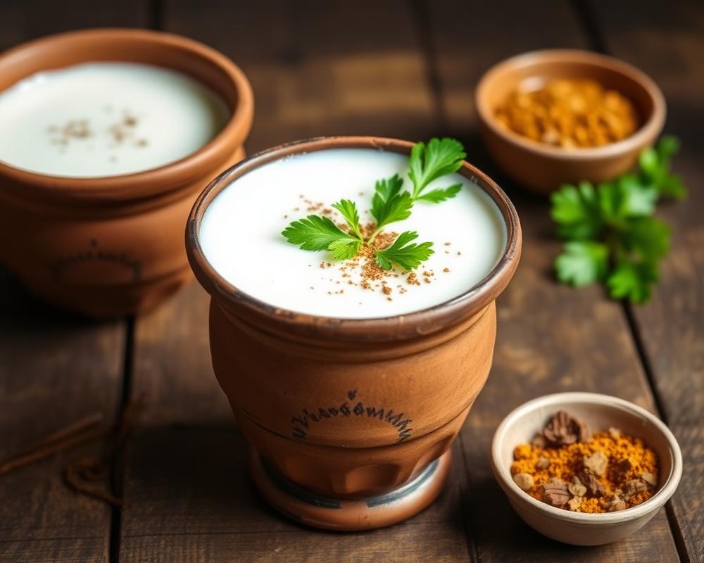 Traditional Indian earthen clay matka filled with fresh buttermilk chaas, garnished with coriander and roasted cumin
