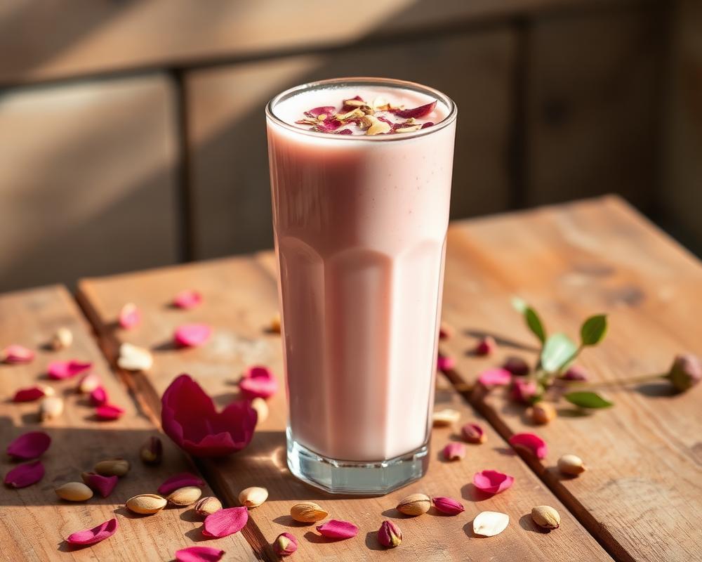 Tall glass of soft pastel pink rose milk topped with dried rose petals and pistachio slivers