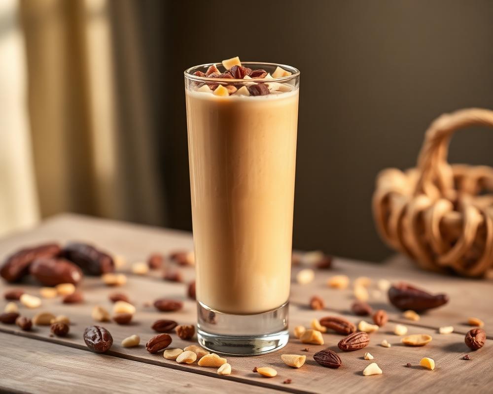 Tall glass of light brown nutritious dry fruit milk drink topped with chopped nuts and dates