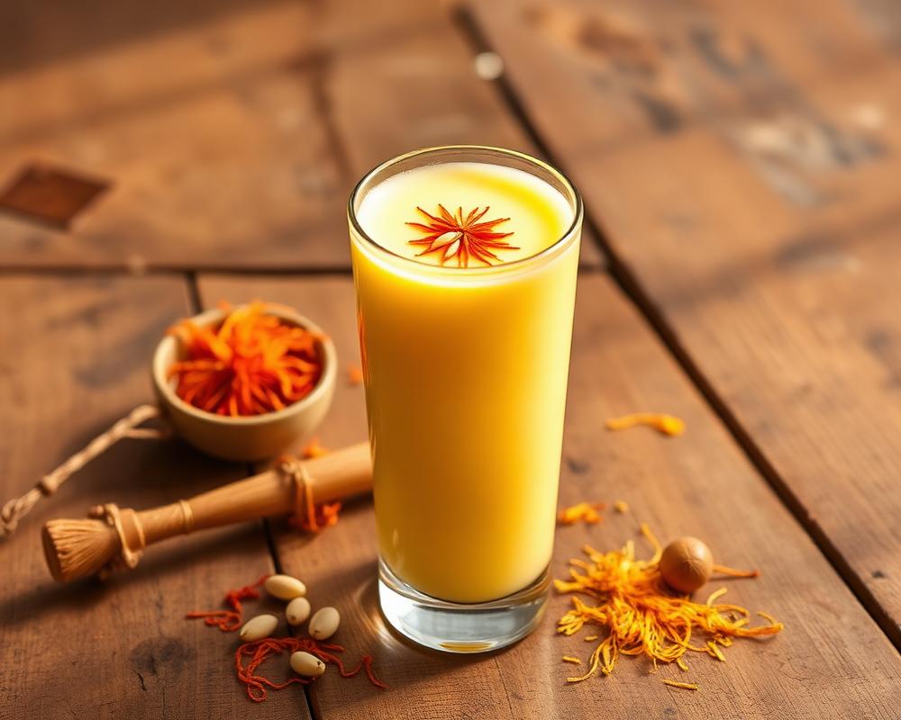 Tall glass of warm saffron fennel milk in pale golden yellow, topped with saffron threads and slivered pistachios