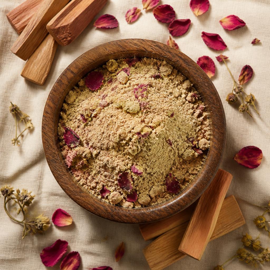 Natural herbal ubtan bath scrub powder in a wooden bowl with a wooden spoon, dried rose petals and sandalwood pieces around